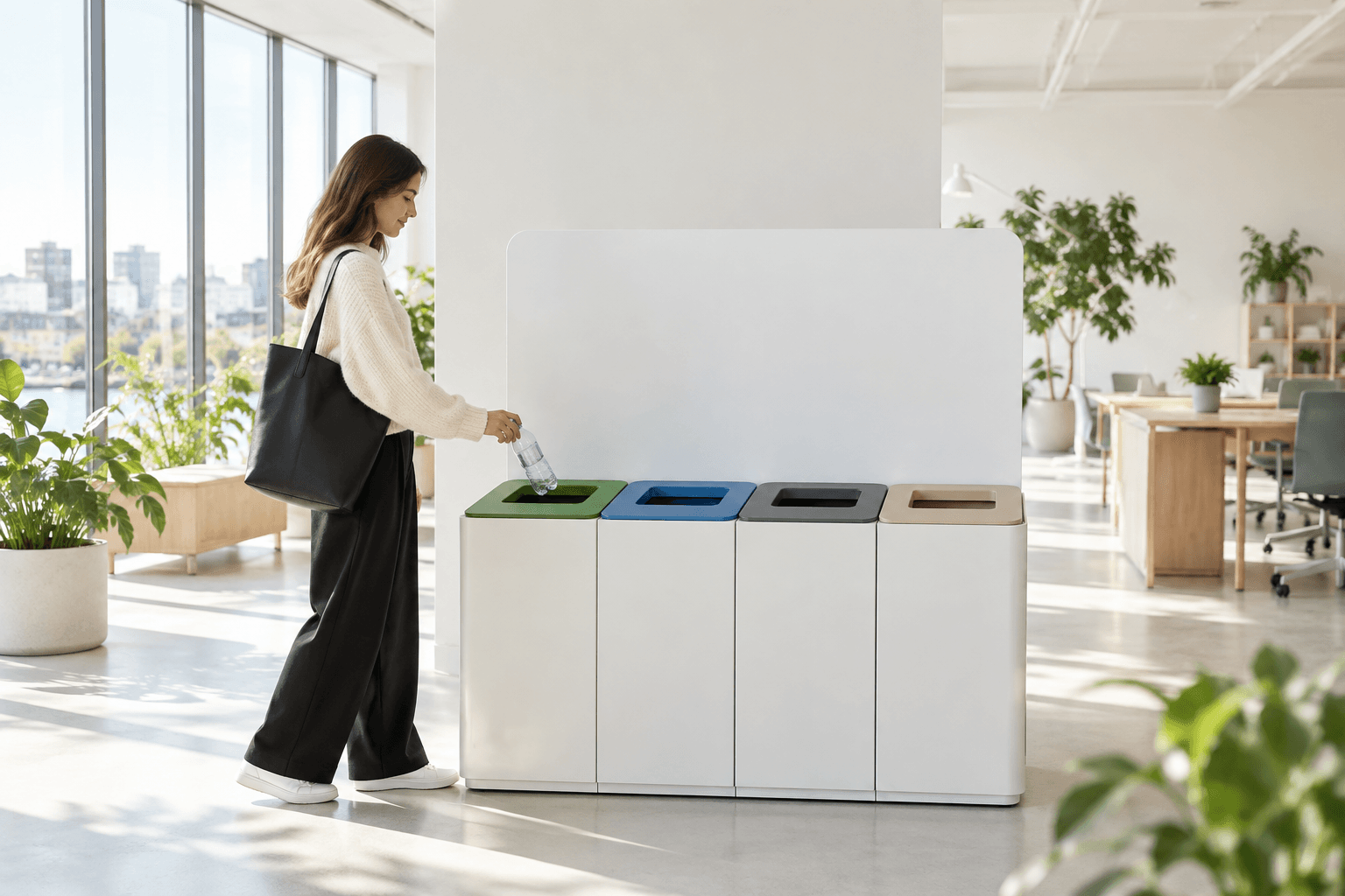 A person placing a plastic bottle into a four-compartment recycling station in a bright office